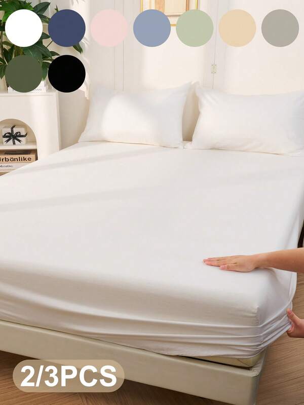 2/3 piezas Juego de sábanas ajustadas, Juego de ropa de cama, Juego de sábanas, Juego de cubrecamas, Juego de funda de colchón ajustada sólida, Juego de protección de colchón de estilo simple, Juego de cubrecamas suave y cómodo, Juego de cubrecamas de moda, Regalo ideal para festivales, Decoración de otoño, Decoración de habitación, Vuelta al colegio, Útiles escolares, Blanco, Rosa, Negro, Azul marino, Caqui, Gris claro, Azul, Verde, Decoración de otoño, Decoración de habitación, Vuelta al colegio, Útiles escolares