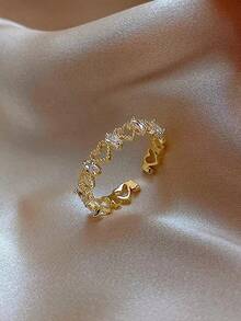 1pc Fashionable Personalized Hollow Out Heart-Shaped Copper Inlaid Open Ring Suitable For Daily Wear Valentines,Mom,Mother,Mother's Day,Gift - 金黃色 - 查看 5