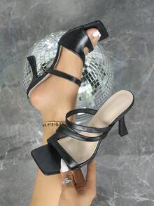 Women's Black Square Toe Simple Personalized Slip-On Thin Heel Sandals, Casual Daily Wear Fashion Versatile High Heel Sandals - Black - View 2