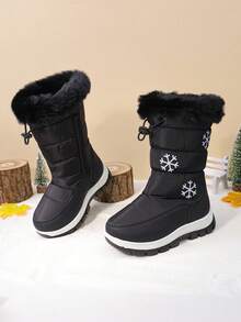 儿童冬靴，女童厚毛绒中筒雪地靴，厚底防滑可爱保暖鞋 - 黑色 - 查看 7