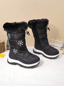 儿童冬靴，女童厚毛绒中筒雪地靴，厚底防滑可爱保暖鞋 - 黑色 - 查看 5