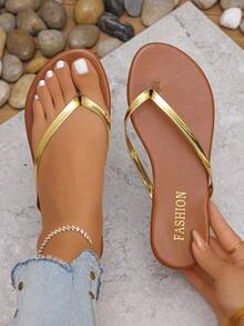 1 Pair Women's V-Shaped Rhinestone Strap, Letter Print Soft Cork Bottom, Flip Flops, Non-Slip Wear-Resistant Design, Holiday Beach Style, Suitable For Vacation & Daily Wear - Gold - View 9