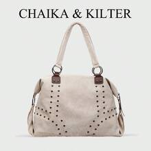 CHAIKA & KILTER 1 件纯色 PU 面料单肩包，女士复古休闲大容量手提包，大学生书包，缝线铆钉装饰双手柄设计，拉链开合，适合日常购物 - 米色 - 查看 8