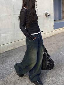 2025 Spring/Autumn Classic Button & Zipper Distressed Long Denim Jeans, Versatile - Blue - View 3