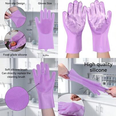 Hot - Silicone Dishwashing Gloves Kitchen Gloves For Washing Dishes Reusable Waterproof Dishwashing With Cleaning Brush