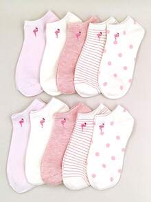 1/5/10/20/30 Pairs (Randomly Shipped) Women's Multi-Color Embroidered Flamingo Casual Short Socks Suitable For Daily Wear And Outfits - Multicolor - View 9