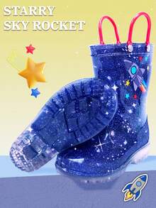 Kids Rocket Pattern Waterproof Anti-Slip Glossy PVC Rain Boots, Dual-Ear Design For Easy Carrying, Durable, Comfortable, Soft, Lightweight, Suitable For All Seasons