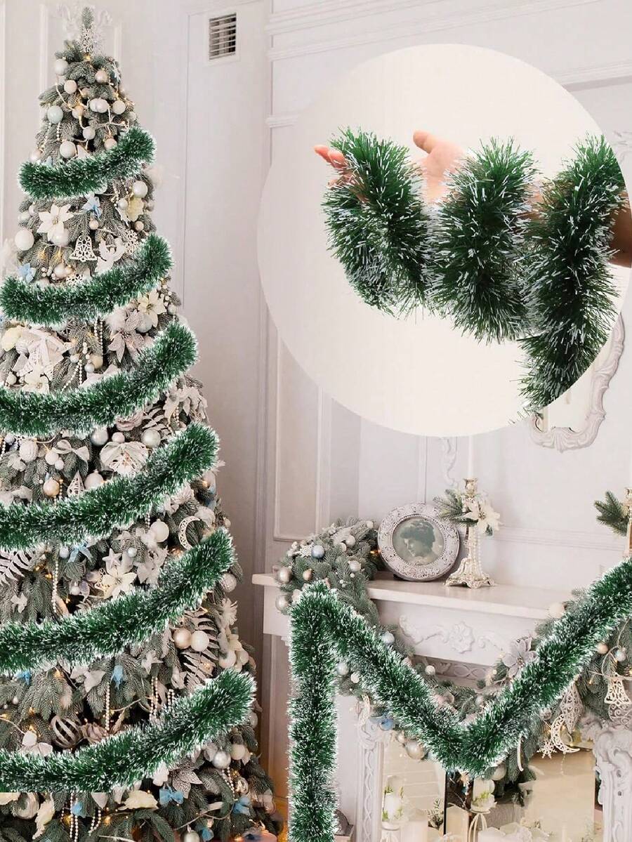 5 pièces/1 pièce Guirlande de Noël en paillettes, Couronne de Noël verte à bordure blanche, Couronne de Noël métallique torsadée, Couronne de Noël suspendue, Sapin de Noël d'intérieur/extérieur, Guirlande de Noël pour escalier et mur, Guirlande de flocons de neige verts, Décorations de Noël en pompon de pin artificiel pour four, gâteau, plafond, fête et Noël