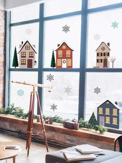 2 Blatt Weihnachts-Fensterklebetattoos, Aquarell Haus und Schneeflocke PVC Aufkleber, Vinyl Aufkleber für Winterdekoration Zuhause, Wandaufkleber Raumdekoration Wandsticker Wanddekoration Weihnachtsdekoration Weihnachtsdekorationen Zuhause