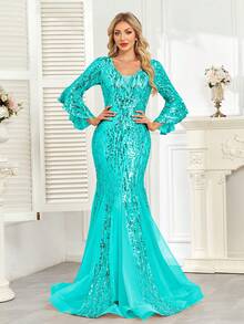 hezixi Elegant Shiny Sequin Splice Zipper Dress, Suitable For Party, Date Night, Birthday, Anniversary, Music Festival, Cocktail, Formal Dinner, Wedding Guest, Singles Party, Stage Performance, Everyday Wear, All Season - Mint Green - View 6