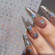 6 Sheets Star Nail Stickers 3D Glitter Shiny Golden Silvery White Black Stars Nail Art Sticker Geometry Star Sticker DIY Transfer Decal Designs Nail Tips DIY Manicure Nail Art Decoration Supplies - 彩色 - 查看 7