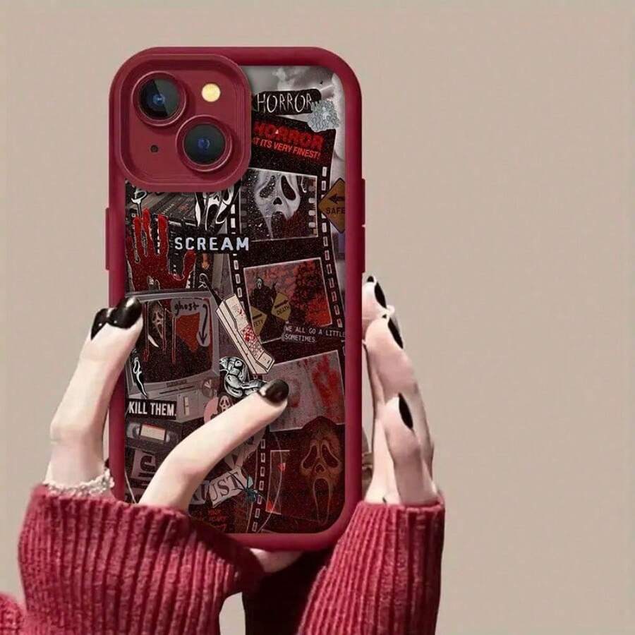 Scream Mobile Phone Case, Created With Film Reel And Horror Theme Design, Suitable For S22/23/24/25, 17,16, 15, 14, 13, 12 And 11 Pro Models, Made Of TPU Material, And Provides Shockproof Protection. Ideal For Movie Lovers, Halloween, Friends, Family, And Creative Gifts. - Màu Đỏ Sâu - Xem 1