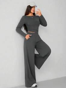 PETITE Autumn And Winter Women's Knitted Slim Top + Wide Leg Pants Casual And Comfortable Home Dark Gray Two Pieces Set, Cozy Outfit, Fall Clothes