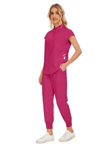 Wholesale Fashion Scrub Suits Dental Hospital Uniform Set Solid Color Surgical Gown Pocket V-Neck Scrubs Sets For Women Joggers Pants Suit - Hot Pink - View 5
