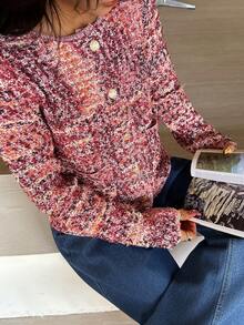 Seelio Spring Autumn Women Short Tassel Cardigan, Round Neck Single-Breasted Knitted Jacket - Pink - View 6