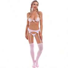 ABAFIP Women Cute Kawaii Anime Lingerie Set Halter Strap Micro Bra Tiny Panty Garter Belt Striped Stockings 4Pcs Underwear - 粉色 - 查看 3