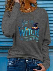 Halloween Costume Fun Witch Hat Graphic Tees, Fall Clothes For Women Daily Casual Comfortable Letter Print Long-Sleeved T-Shirts, Fall Outfits Going Out Tops Women,And Versatile For Home Or Outdoor,Spring And Summer