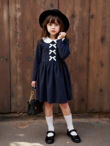 Girls' Long Sleeve Dress, Peter Pan Collar Bow Retro Style Dress, Navy Blue French Style Party Dress | Cute Young Girl Spring Outfit - Navy Blue - View 9