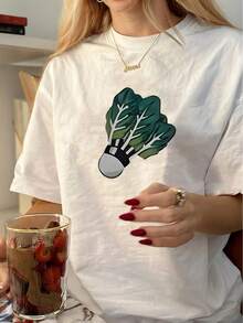Women's Retro Graphic Tee - Casual Round Neck Short Sleeve T-Shirt with Vintage Broccoli Print, White Polyester Blend, Machine Washable, Summer Essential for Casual Attire, Ladies T Shirts
