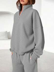 Womens Casual 2 Piece Sets Fall Outfits Quarter Zip Sweatshirts Straight Leg Pants Sweatsuits Tracksuit Valentine Vacation Spring Clothes For Women - 灰色 - 查看 3