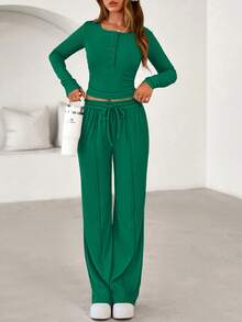 PRETTYGARDEN Women's Spring Fall 2 Piece Outfits Lounge Sets Long Sleeve Top Henley Shirts Wide Leg Pants Travel  Sweatsuit Set Women Clothes Home Clothes Going Out Outfits Sports Valentine Vacation Outfit For Women - 綠色 - 查看 4
