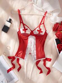 Women's Lingerie Sexy,PU Bandage,Sleeveless,Bow,With Underwire,Sweet Nurse Cosplay Bodysuit,Christmas Lingerie. - Red - View 6