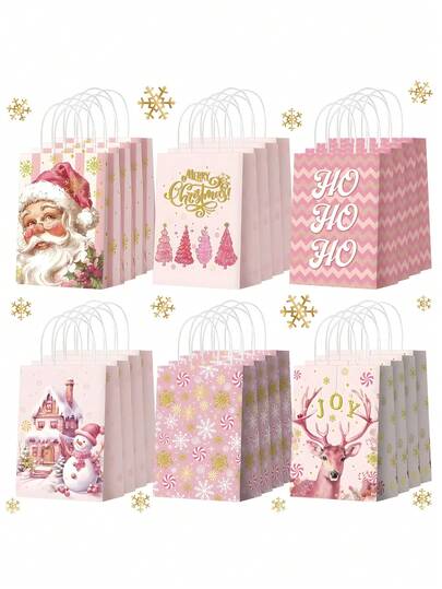 12pcs-Pink Christmas Tote Bags With Handles, Pink Christmas Party Favors Bags, Santa Claus Elk Bell Pattern Reusable Gift Bags, Grocery Shopping Bag, Party Favors Bags, Festive Christmas Decorations For Home Xmas Gifts Christmas New Year 2026 Packaging Bags