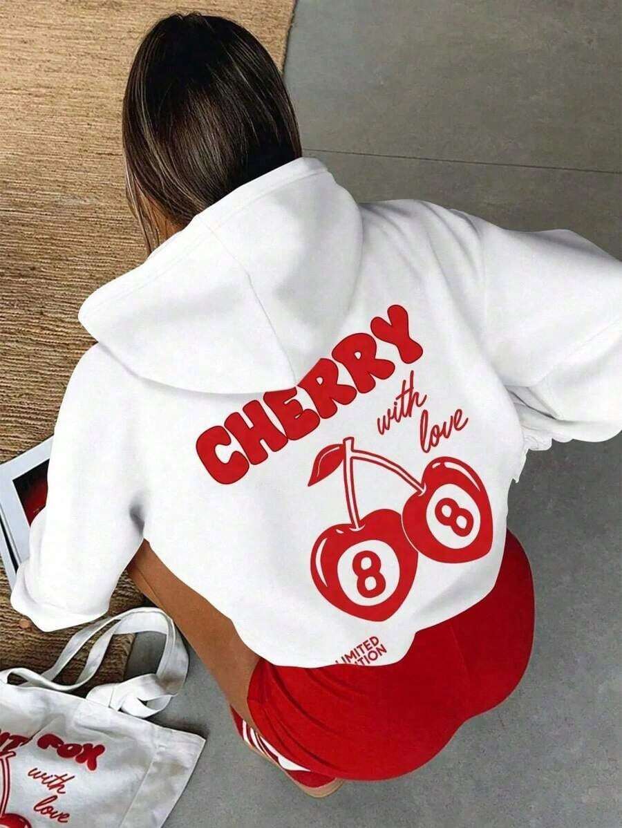Women'S Cherry 8 Graphic Hoodie - White Long Sleeve Pullover With Red & Black Print, Casual Sporty Design, Soft Polyester Fabric, Machine Washable, Winter Casual Wear, Casual Wear Hoodie |   Playful Graphic Hoodie |   Machine Washable Fabricplaid Cotton Sweatshirt - trắng - Xem 1