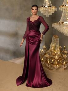 Faeriesty Floral Applique & Sequin Patchwork Ruffle Mermaid Hem Formal Dress - Burgundy - View 4