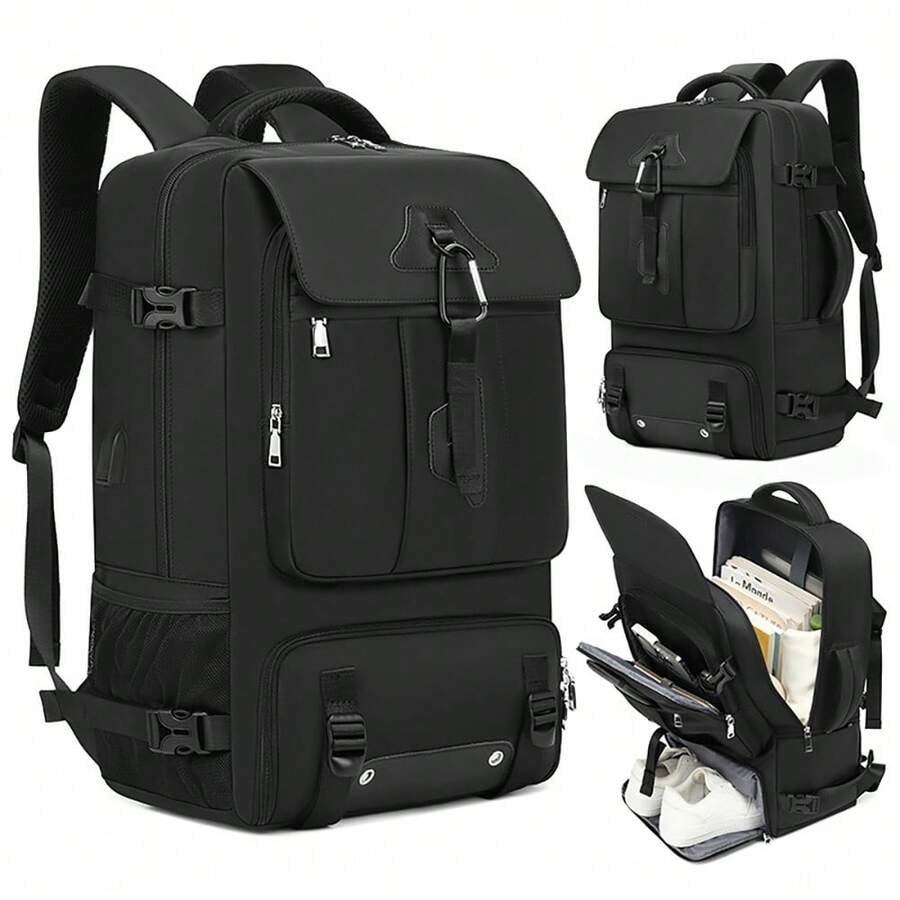 Travel Backpack, Waterproof Laptop Backpack With Shoe Pocket, Hidden USB Charging Port, Hiking Backpack - Black - View 1