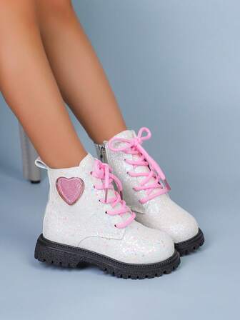 1 par de botas blancas con cremallera lateral, puntera redonda, suela gruesa cómoda, con diseño de corazón de brillo rosa, adecuadas para niñas de 2 a 15 años, botas de moda para interiores/exteriores, festivales, fiestas, otoño/invierno