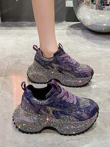 2025春秋季女士水钻厚底运动鞋，时尚高帮休闲跑步鞋 - 紫色 - 查看 6