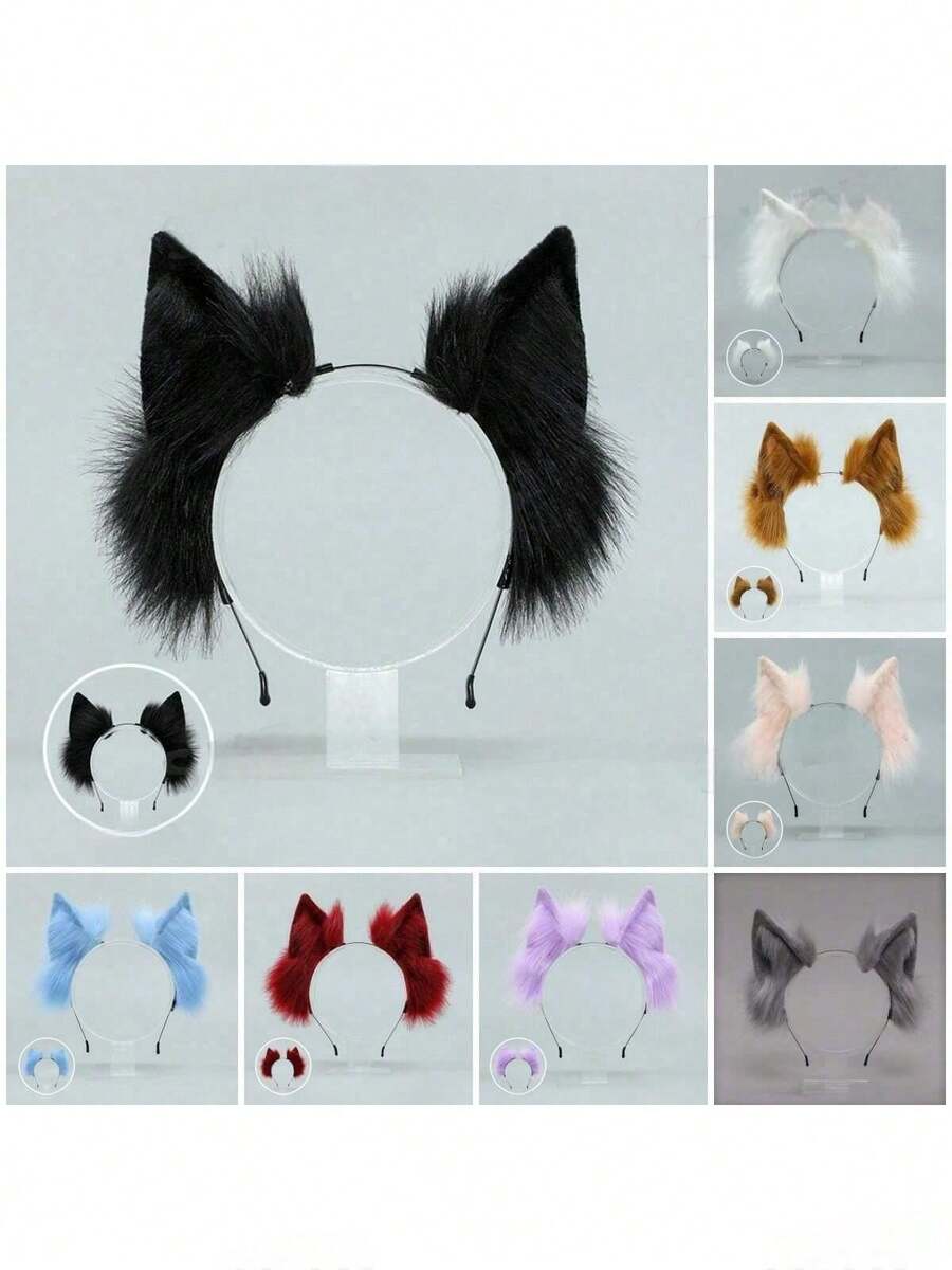 猫耳头箍卡哇伊狐狸耳洛丽塔角色扮演头饰日式蓬松发饰可调节耳朵JK角色扮演头饰 - 彩色 - 查看 1