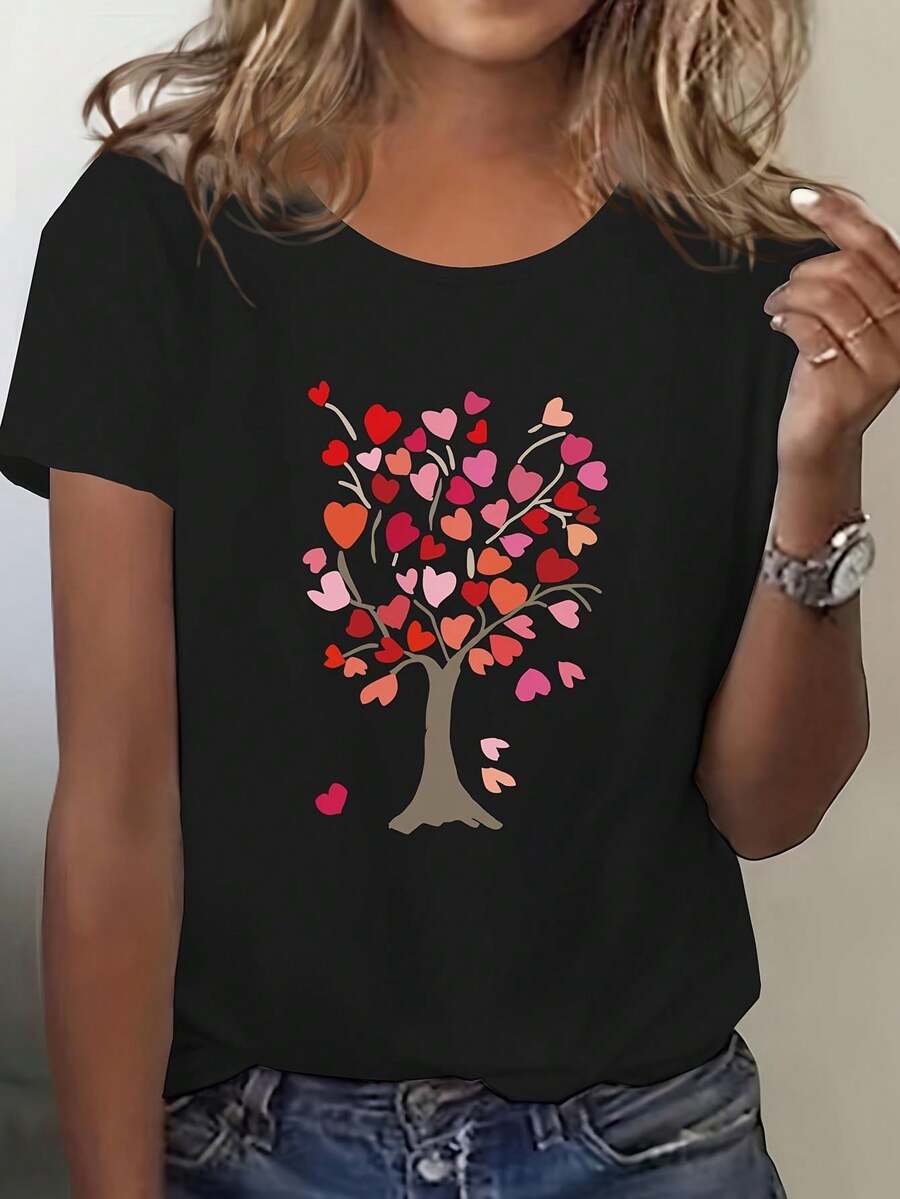 Magliette da donna,Valentine's Day Heart Tree Graphic Tee - Casual Yellow Crew Neck Short Sleeve T-Shirt with Colorful Heart Design Tee For adult, Men, Women, Teen, Teenager, adolescent, Youth