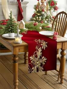 1pc Red Background Golden Snowflake Table Runner, Exquisite Golden Snowflake Decoration, Warm Festive Feel, Suitable For Entryway, Dining Table, Coffee Table(13x35.4/47.2/63/72/78.7 Inches), - متعدد الألوان - مشاهدة 1