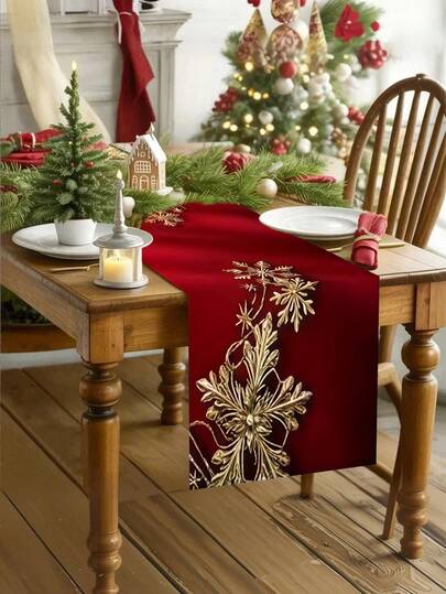 1 pieza Camino de mesa con fondo rojo y copos de nieve dorados, decoración exquisita de copos de nieve dorados, sensación festiva cálida, adecuado para la entrada, la mesa de comedor, la mesa de café (13x35.4/47.2/63/72/78.7 pulgadas)