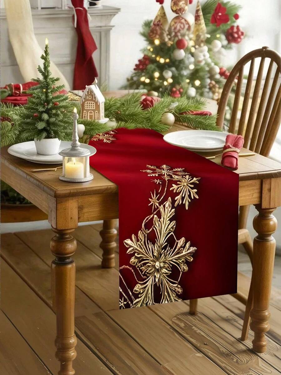 1pc Red Background Golden Snowflake Table Runner, Exquisite Golden Snowflake Decoration, Warm Festive Feel, Suitable For Entryway, Dining Table, Coffee Table(13x35.4/47.2/63/72/78.7 Inches), - متعدد الألوان - مشاهدة 1