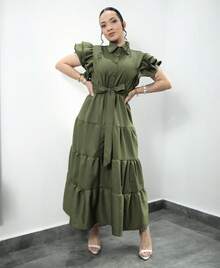 Premium Tailored Rafaela Women's Long Dress With Short Sleeves And Bow - Army Green - View 1
