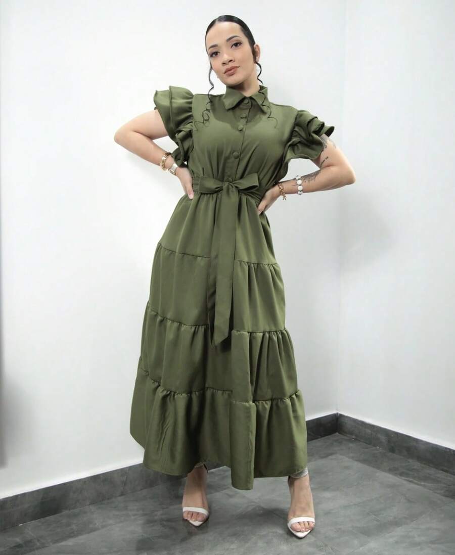 Premium Tailored Rafaela Women's Long Dress With Short Sleeves And Bow - Army Green - View 1