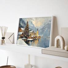 1pc Hallstatt Village Christmas Scene Canvas Print - Winter Scenery Wall Art, Waterproof, Suitable For Home Decor, Room Decor, Bedroom Decor, Living Room Decoration, Bathroom Decor, Wall Decor, Christmas Decorations For Home, Optional Wall Art With Frame