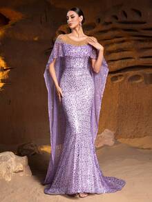 Luxury Lavender Sequined & Crystal Embellished Mermaid Gown - Sheer Cape Sleeves With Deep V Neck For Red Carpet Events, Opera Galas And Charity Balls