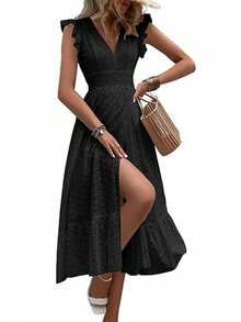 Long Beach Dress With Wrap Hem And Ruffle, Vacation Outfit For Women - Black - View 6
