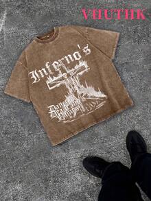 VHUTHK (220 Pure Cotton T-Shirt) 'GENUINE' Letter And Portrait Print, Suitable For Men's Casual, Comfortable, And Fashionable T-Shirt, Street Style Cotton - 棕色 - 查看 1