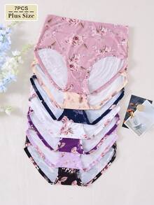 7 peças/pacote Calcinha Tipo Maiô Bikini de Cintura Média/Alta Confortável com Estampa de Rosa para Mulheres Plus Size