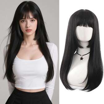 Gerade schwarze Perücke mit Pony - Hochtemperaturbeständiges, weiches und atmungsaktives synthetisches Haar für Frauen, perfekt für Cosplay und den täglichen Gebrauch, Cosplay für Halloween- und Weihnachtspartys