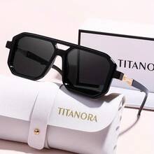 Titanium Le La Unisex Square Frame Fashion Glasses - Gold Retro Style With Green Decorative Lenses, Lightweight Polycarbonate Design, Comes With Microfiber Cloth And Glasses Case - Perfect Couple Set,  Accessories, Retro Look, Fashionable Hinges, Must-Have For Cool People, Decorative Glasses, Bold Design, Durable Hinges, High-Quality Glasses, Unique Glasses - màu đen - Xem 6