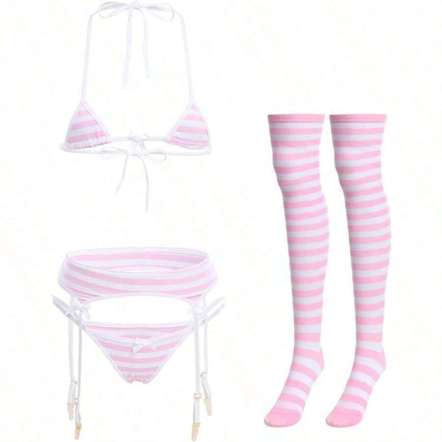 ABAFIP Women Cute Kawaii Anime Lingerie Set Halter Strap Micro Bra Tiny Panty Garter Belt Striped Stockings 4Pcs Underwear - 粉色 - 查看 1