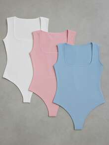 3-Piece Basic Bodysuit, Square Neckline, Wide Straps, Versatile Shapewear, Casual, Suplex, Fashion, Gringa Blogger - 白色-粉紅色-藍色 - 查看 1