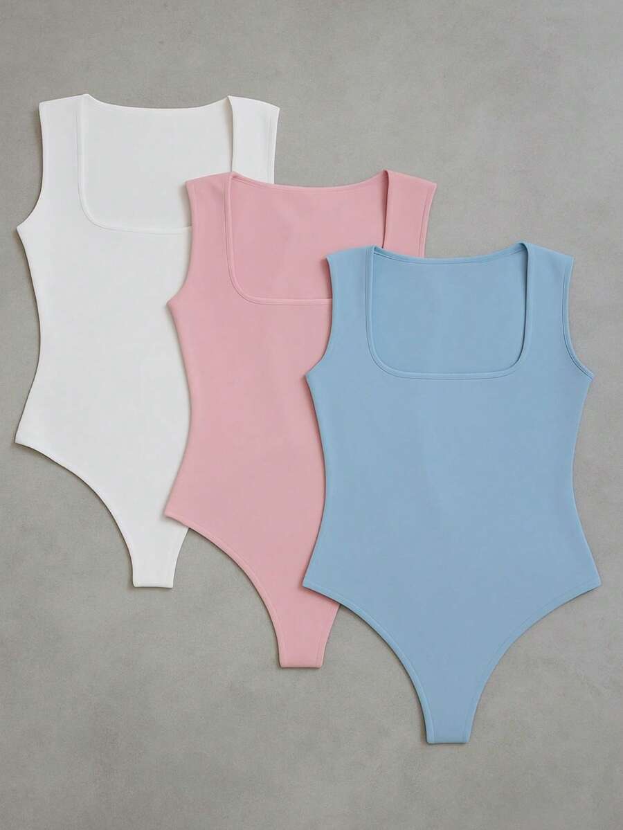3-Piece Basic Bodysuit, Square Neckline, Wide Straps, Versatile Shapewear, Casual, Suplex, Fashion, Gringa Blogger - 白色-粉紅色-藍色 - 查看 1
