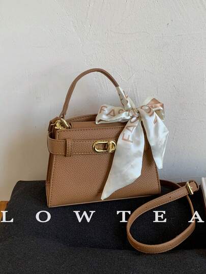 low tea New Summer Litchi Texture Women's Handbag, Fashion Adjustable Shoulder Strap Crossbody Bag, Minimalist Solid Color High-End Metal Decor One Shoulder Commuter Bag